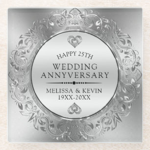 25e bruiloft Jubileum Wit & Zilver Lijst Glazen Onderzetter