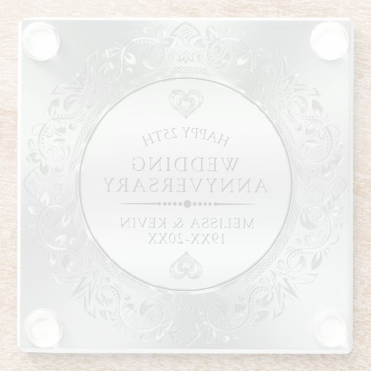 25e bruiloft Jubileum Wit & Zilver Lijst Glazen Onderzetter (Achterkant)