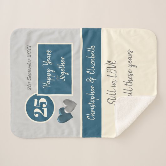 25e bruiloft Jubileum zilver en blauw Sherpa Deken (Voorkant (horizontaal))