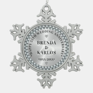25e bruiloft Jubileum Zilver & Witte Diamanten 2 Tin Sneeuwvlok Ornament