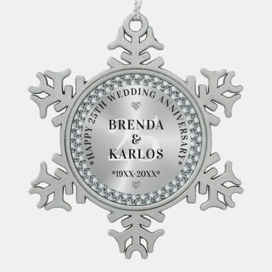 25e bruiloft Jubileum Zilver & Witte Diamanten 2 Tin Sneeuwvlok Ornament (Voorkant)