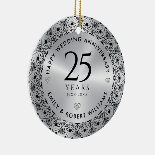 25e bruiloft Jubileum Zilver Zwart Lijst Keramisch Ornament (Rechts)