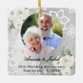 25e bruiloft Jubileum zilveren foto bloemen kant Keramisch Ornament (Voorkant)