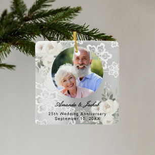 25e bruiloft Jubileum zilveren foto bloemen kant Keramisch Ornament