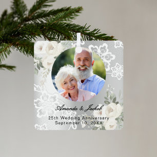 25e bruiloft Jubileum zilveren foto bloemen kant Metalen Ornament
