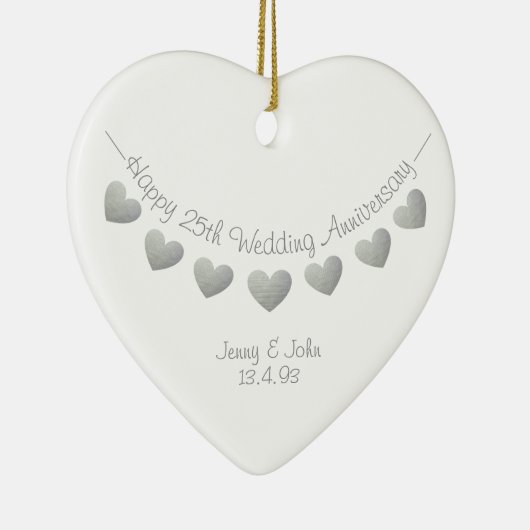 25e bruiloft Jubileum Zilveren hartversiering Keramisch Ornament (Rechts)