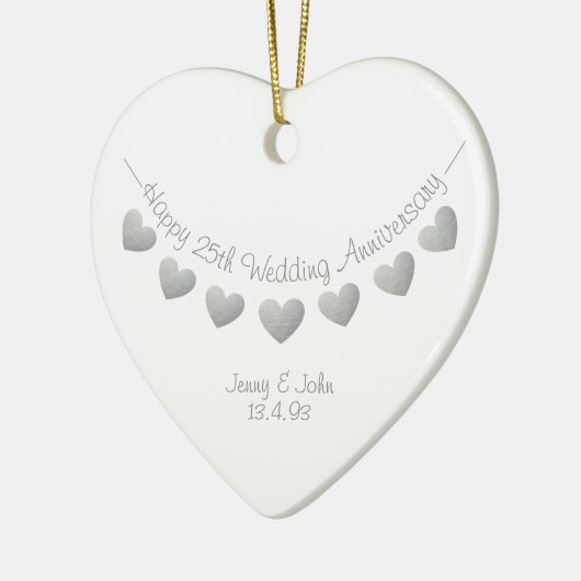 25e bruiloft Jubileum Zilveren hartversiering Keramisch Ornament (Links)
