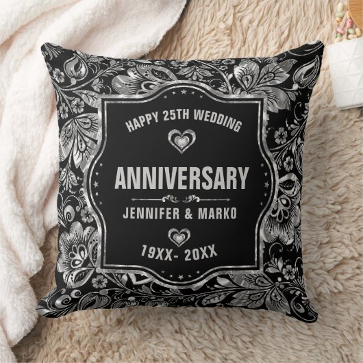 25e bruiloft Jubileum zwart en zilver ontwerp Kussen (Deken)