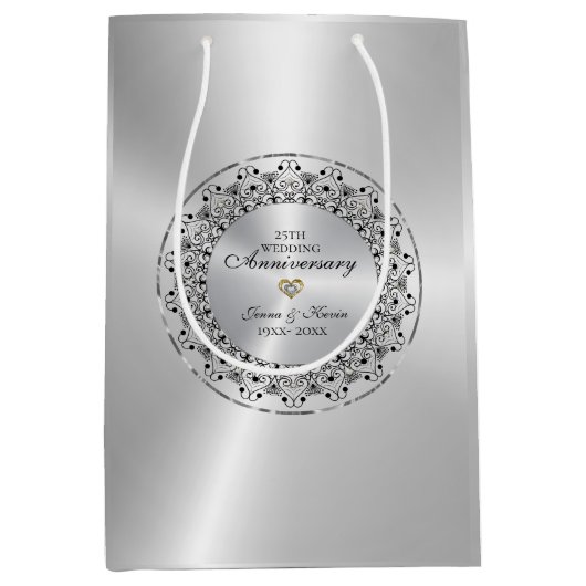 25e bruiloft Jubileum zwart Mandala op zilver Medium Cadeauzakje (Voorkant)