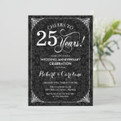 25e bruiloft Jubileum - Zwart Wit Damask Kaart (Staand voorkant)