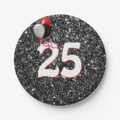 25e geboortedag ballonnen op zwarte glitter papieren bordje (Voorkant)