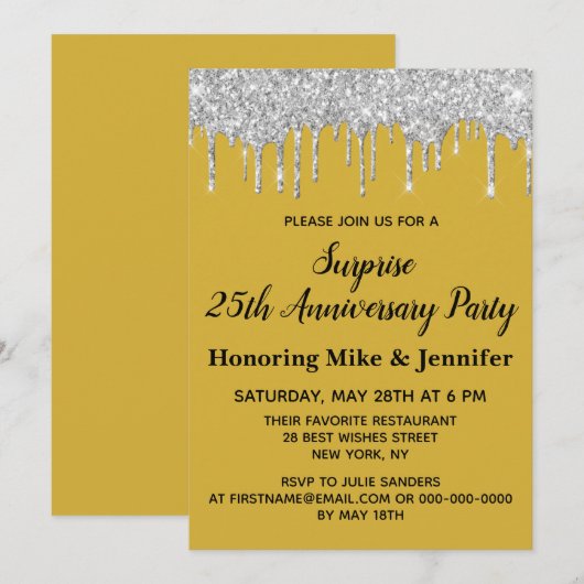 25e Gold Black Silver Surprise Jubileum Party Kaart (Voorkant / Achterkant)