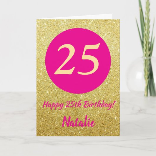25e Happy Birthday Hot Pink en Gold Glitter Kaart (Voorkant)