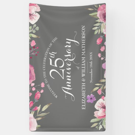 25e huwelijksjubileum Aquarelrozen Welkom Spandoek (Verticaal)