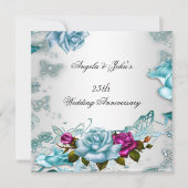 25e huwelijksjubileum Blauwe bloem Roze Kaart (Voorkant)