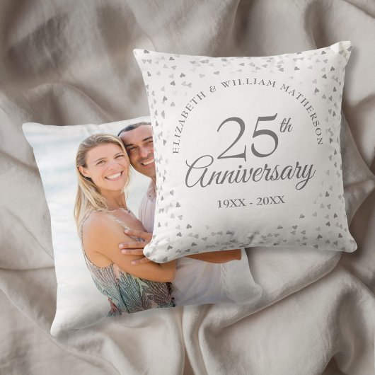 25e Huwelijksjubileum Foto Chic Zilveren Harten Kussen