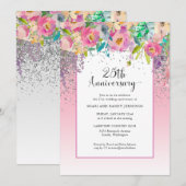 25e Huwelijksjubileum met roze zilveren bloemen Kaart (Voorkant / Achterkant)