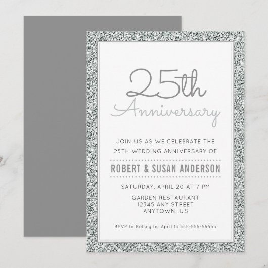 25e huwelijksjubileum nep zilver glitters kaart (Voorkant / Achterkant)