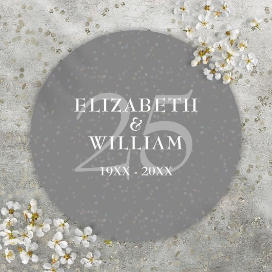 25e huwelijksjubileum Zilveren Stardust Confetti Ronde Sticker