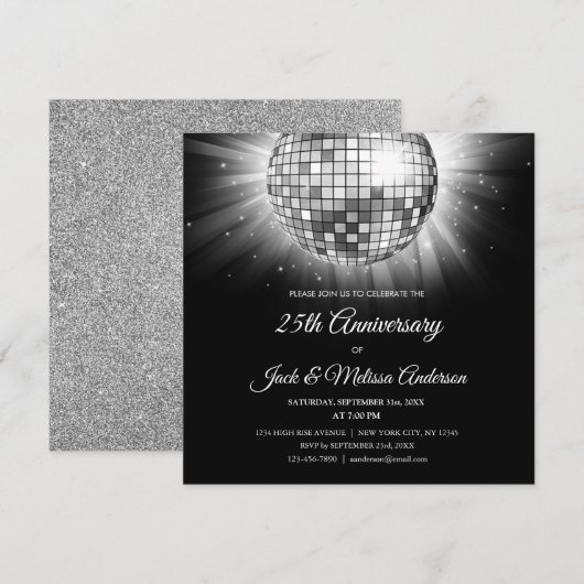 25e huwelijksjubileumfeest Zilveren Disco Bal Kaart (Voorkant / Achterkant)