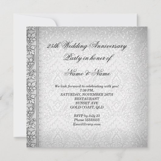 25e huwelijksverjaardag feest Parel Wit Zilver Kaart (Achterkant)