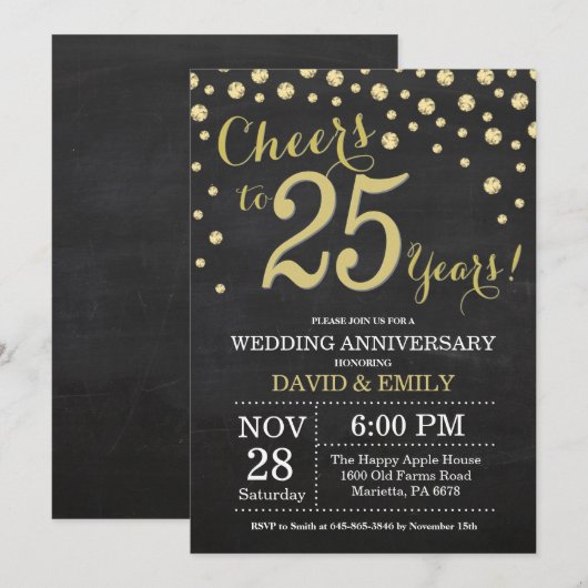 25e huwelijksverjaardag krijtbord zwart en goud kaart (Voorkant / Achterkant)