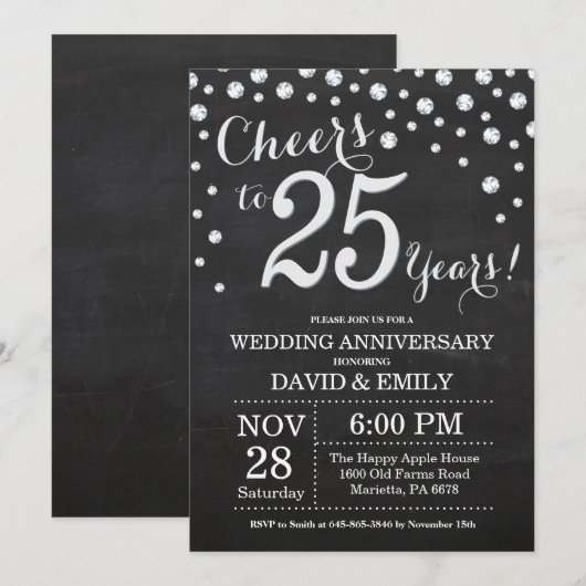 25e huwelijksverjaardag krijtbord zwart zilver kaart (Voorkant / Achterkant)