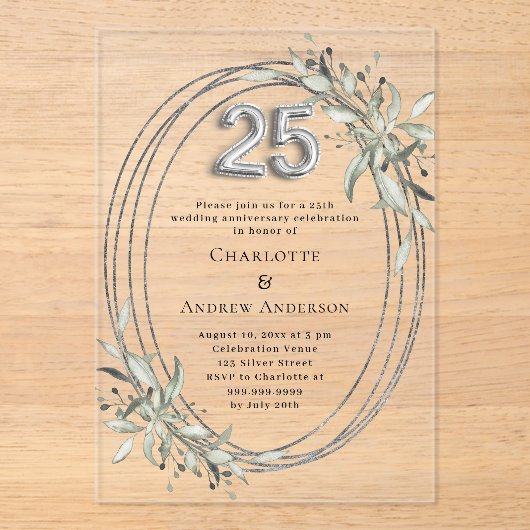 25e huwelijksverjaardag Zilver groen Clear Acryl Uitnodigingen (Voorkant)