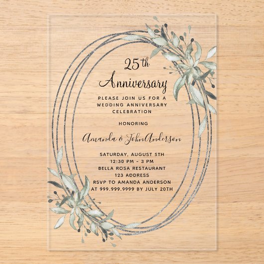 25e huwelijksverjaardag Zilver groen Clear Acryl Uitnodigingen (Voorkant)