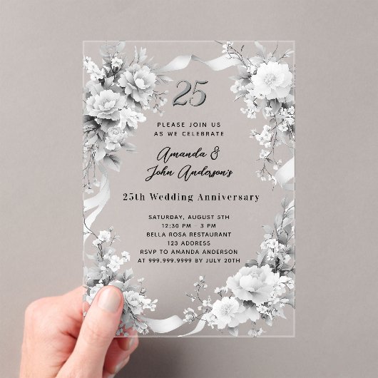 25e huwelijksverjaardag Zilveren bloemen Clear Acryl Uitnodigingen (Insitu (Draagbaar))