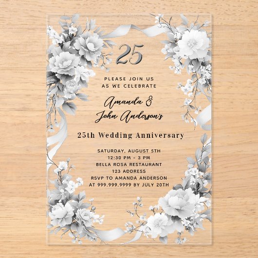 25e huwelijksverjaardag Zilveren bloemen Clear Acryl Uitnodigingen (Voorkant)