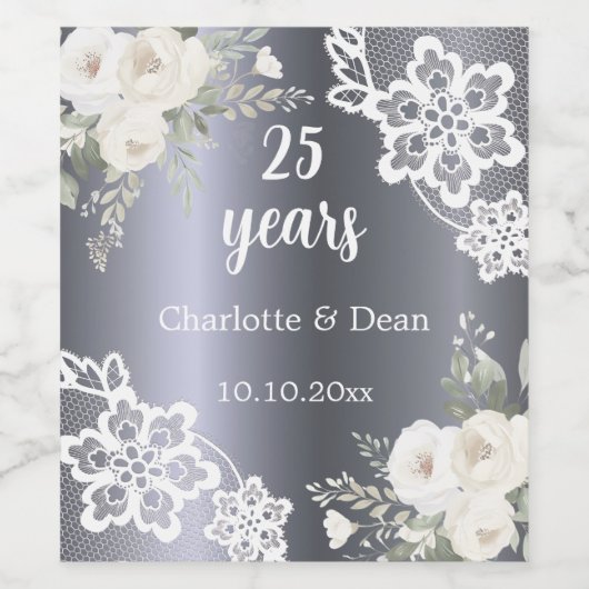 25e huwelijksverjaardag Zilveren bloemen Wijn Etiket (Enkel label)