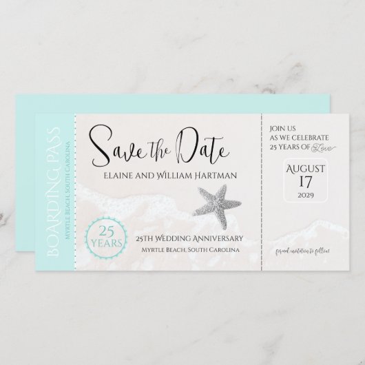 25e Jubileum Beach Boarding Pass Save the Date (Voorkant / Achterkant)