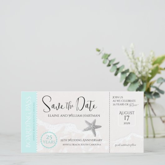 25e Jubileum Beach Boarding Pass Save the Date (Staand voorkant)