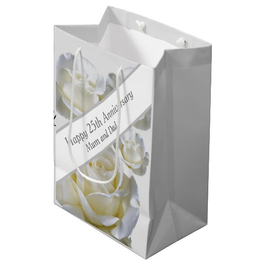 25e Jubileum bewerkbaar Silver-Roos Medium Cadeauzakje (Voorkant Gekanteld)