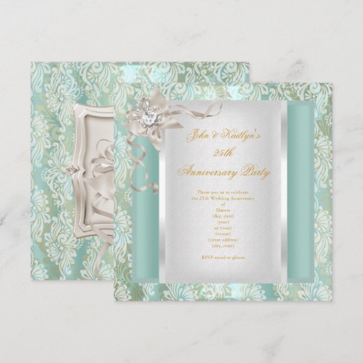 25e Jubileum Blauwgroen Damask Silver White 2 Kaart (Voorkant / Achterkant)