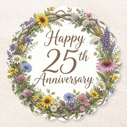 25e jubileum bloemmotief kartonnen onderzetters (Voorkant)