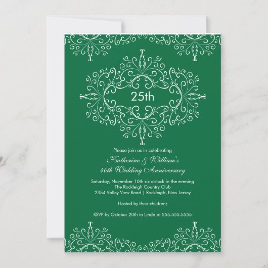 25e Jubileum Damask Invitation Green White Kaart (Voorkant)
