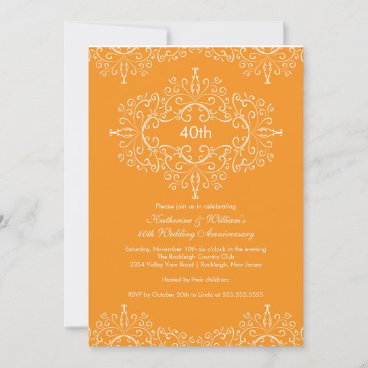 25e Jubileum Damask Invitation Oranje White Kaart (Voorkant)