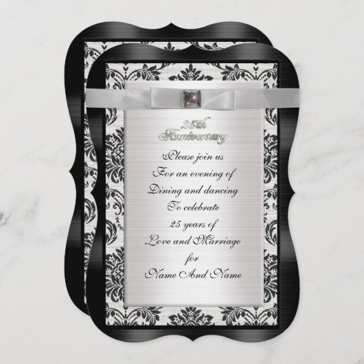 25e Jubileum Damask uitnodiging zwart-wit (Voorkant / Achterkant)