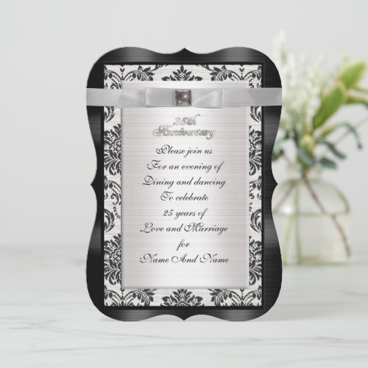 25e Jubileum Damask uitnodiging zwart-wit (Staand voorkant)