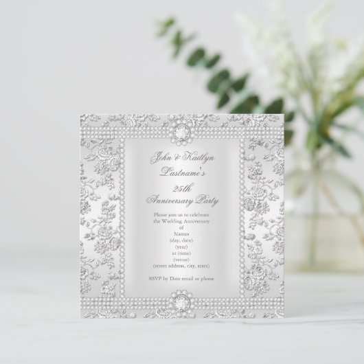 25e Jubileum Diamond Roos Damask Silver White Kaart (Staand voorkant)