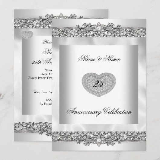 25e Jubileum Elegant White Silver Heart Lace 3 Kaart (Voorkant / Achterkant)