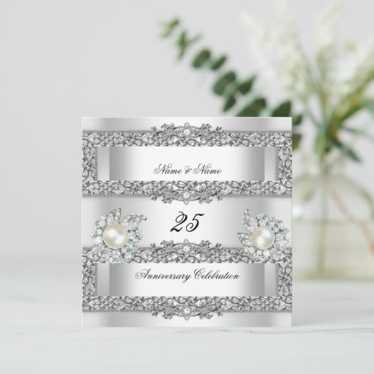 25e Jubileum Elegant White Silver Pearl Lace Kaart (Staand voorkant)