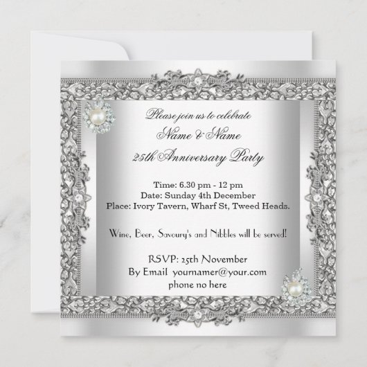 25e Jubileum Elegant White Silver Pearl Lace Kaart (Achterkant)