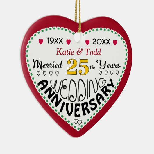 25e Jubileum Gift Hart Vormgegeven Kerst Keramisch Ornament (Rechts)