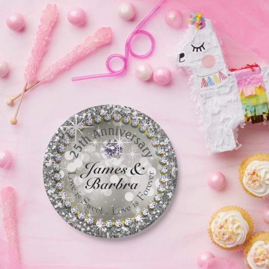 25e Jubileum Glitzy Diamond Bling | zilver Papieren Bordje (Feest)