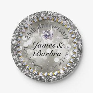 25e Jubileum Glitzy Diamond Bling   zilver Papieren Bordje