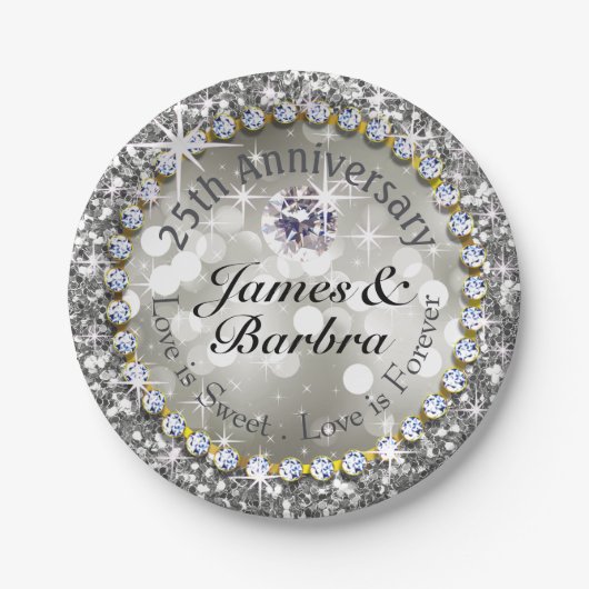 25e Jubileum Glitzy Diamond Bling | zilver Papieren Bordje (Voorkant)