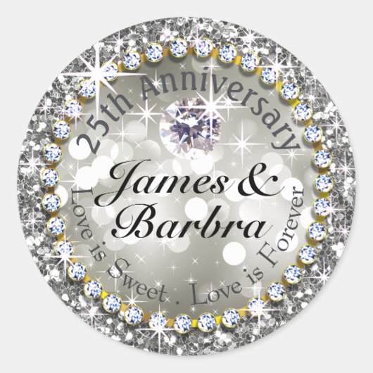 25e Jubileum Glitzy Diamond Bling | zilver Ronde Sticker (Voorkant)